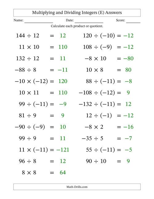 The Multiplying and Dividing Mixed Integers from -12 to 12 (25 Questions; Large Print) (E) Math Worksheet Page 2