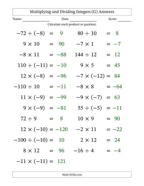 The Multiplying and Dividing Mixed Integers from -12 to 12 (25 Questions; Large Print) (G) Math Worksheet Page 2