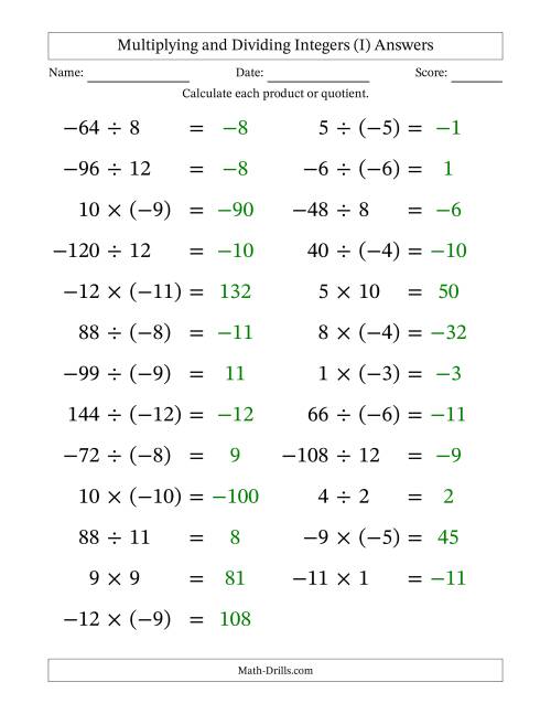 The Multiplying and Dividing Mixed Integers from -12 to 12 (25 Questions; Large Print) (I) Math Worksheet Page 2