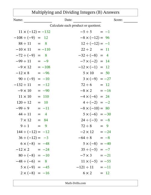 The Multiplying and Dividing Mixed Integers from -12 to 12 (50 Questions) (B) Math Worksheet Page 2