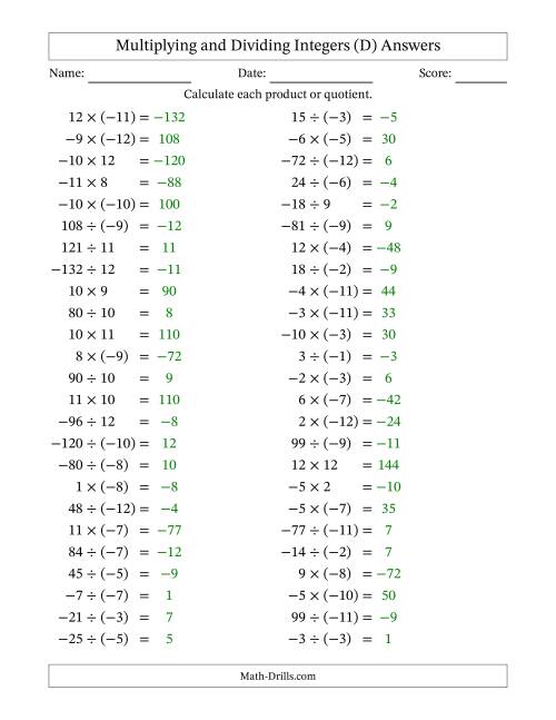 The Multiplying and Dividing Mixed Integers from -12 to 12 (50 Questions) (D) Math Worksheet Page 2