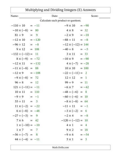 The Multiplying and Dividing Mixed Integers from -12 to 12 (50 Questions) (E) Math Worksheet Page 2