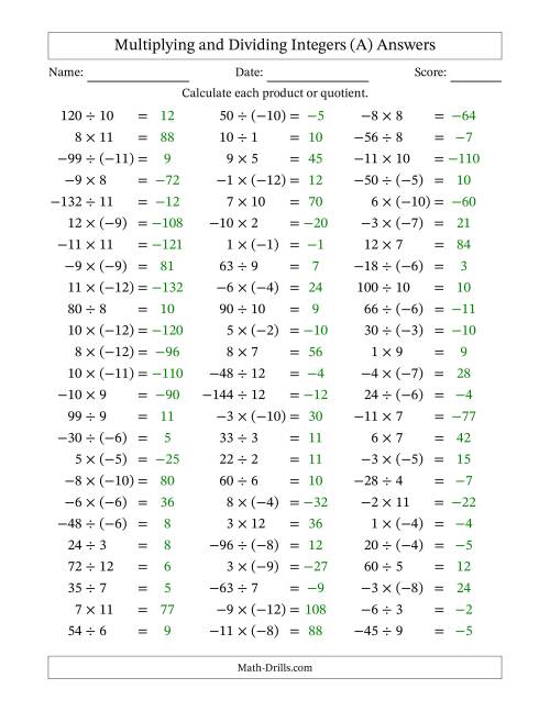 The Multiplying and Dividing Mixed Integers from -12 to 12 (75 Questions) (A) Math Worksheet Page 2