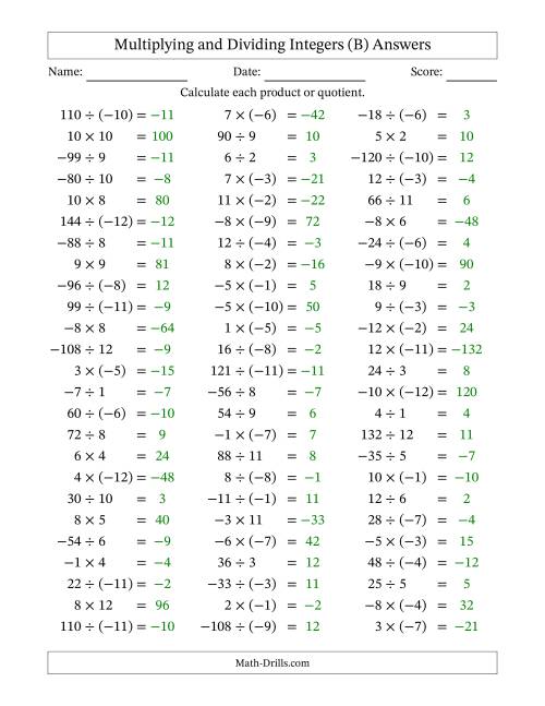 The Multiplying and Dividing Mixed Integers from -12 to 12 (75 Questions) (B) Math Worksheet Page 2