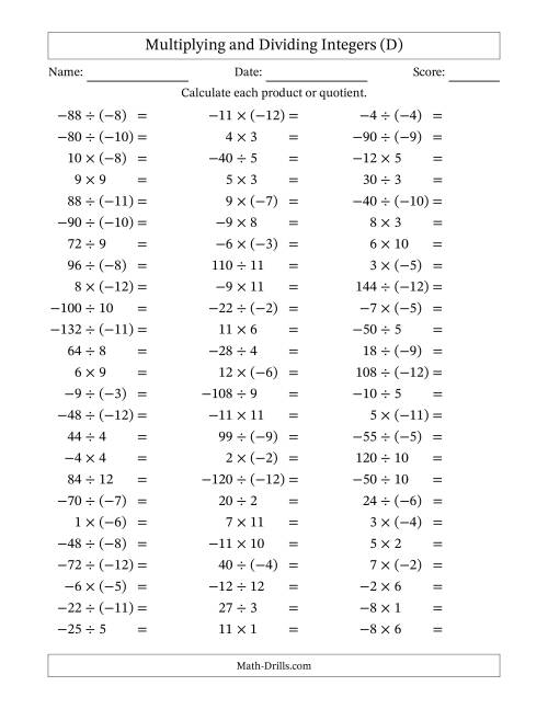 The Multiplying and Dividing Mixed Integers from -12 to 12 (75 Questions) (D) Math Worksheet
