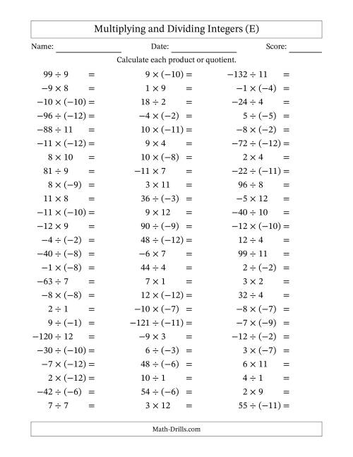 The Multiplying and Dividing Mixed Integers from -12 to 12 (75 Questions) (E) Math Worksheet