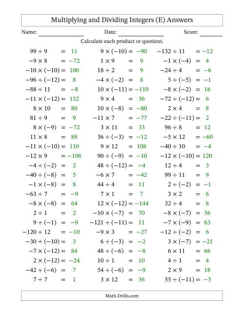 The Multiplying and Dividing Mixed Integers from -12 to 12 (75 Questions) (E) Math Worksheet Page 2