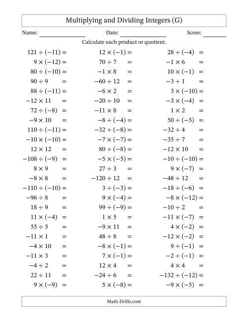 The Multiplying and Dividing Mixed Integers from -12 to 12 (75 Questions) (G) Math Worksheet