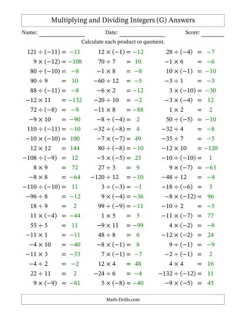The Multiplying and Dividing Mixed Integers from -12 to 12 (75 Questions) (G) Math Worksheet Page 2
