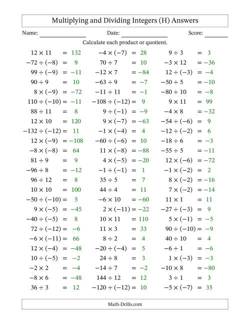 The Multiplying and Dividing Mixed Integers from -12 to 12 (75 Questions) (H) Math Worksheet Page 2