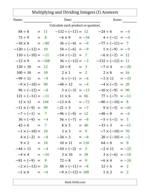 The Multiplying and Dividing Mixed Integers from -12 to 12 (75 Questions) (I) Math Worksheet Page 2