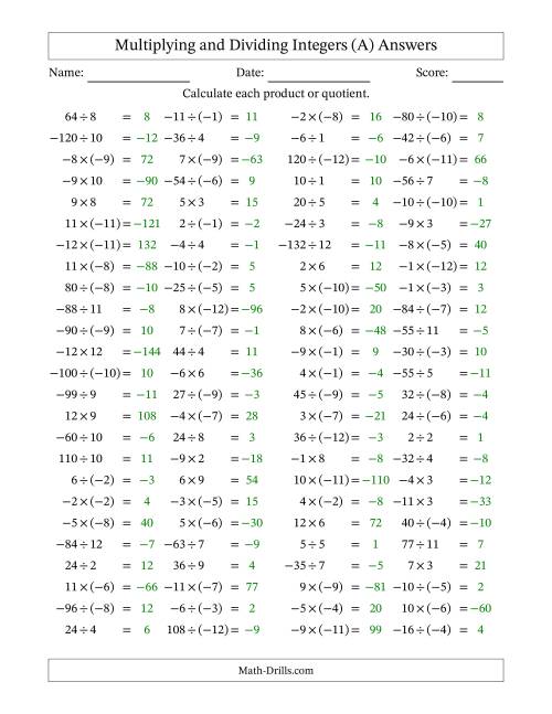 The Multiplying and Dividing Mixed Integers from -12 to 12 (100 Questions) (A) Math Worksheet Page 2