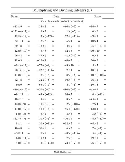 The Multiplying and Dividing Mixed Integers from -12 to 12 (100 Questions) (B) Math Worksheet