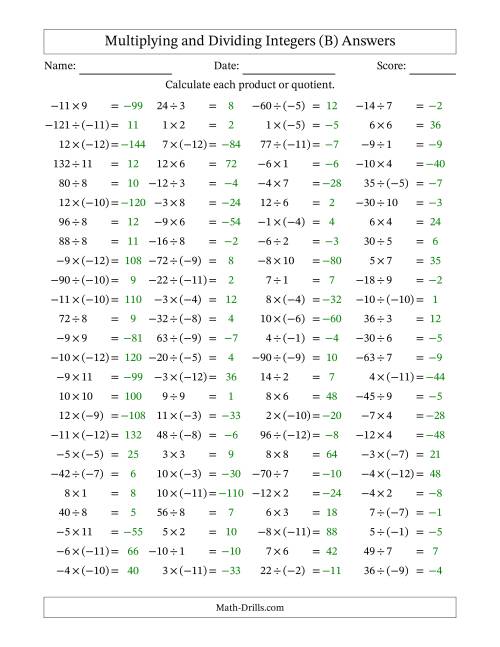 The Multiplying and Dividing Mixed Integers from -12 to 12 (100 Questions) (B) Math Worksheet Page 2