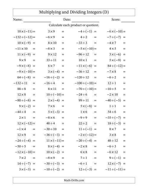 The Multiplying and Dividing Mixed Integers from -12 to 12 (100 Questions) (D) Math Worksheet