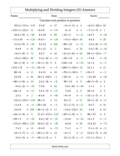 The Multiplying and Dividing Mixed Integers from -12 to 12 (100 Questions) (D) Math Worksheet Page 2