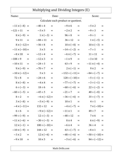 The Multiplying and Dividing Mixed Integers from -12 to 12 (100 Questions) (E) Math Worksheet