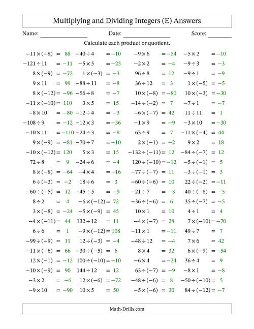 The Multiplying and Dividing Mixed Integers from -12 to 12 (100 Questions) (E) Math Worksheet Page 2
