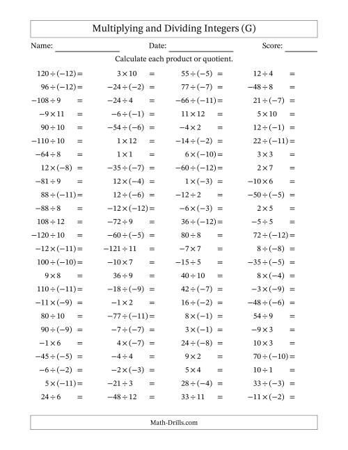 The Multiplying and Dividing Mixed Integers from -12 to 12 (100 Questions) (G) Math Worksheet