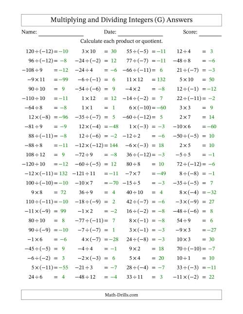 The Multiplying and Dividing Mixed Integers from -12 to 12 (100 Questions) (G) Math Worksheet Page 2