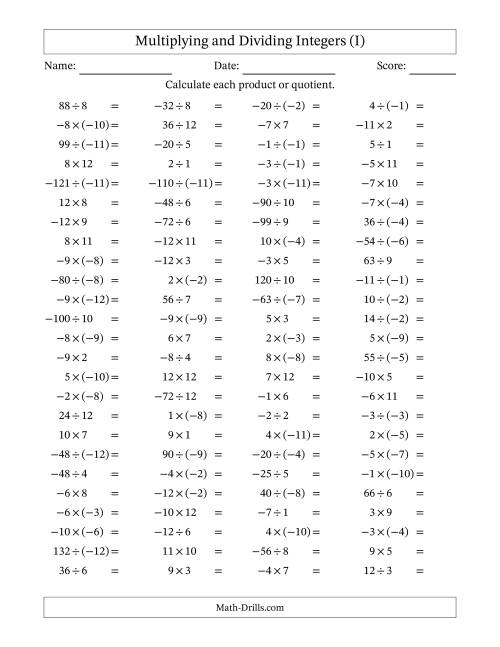 The Multiplying and Dividing Mixed Integers from -12 to 12 (100 Questions) (I) Math Worksheet