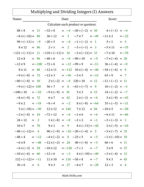 The Multiplying and Dividing Mixed Integers from -12 to 12 (100 Questions) (I) Math Worksheet Page 2
