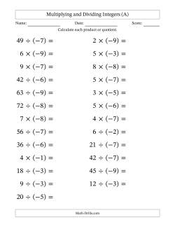Multiplying and Dividing Positive and Negative Integers from -9 to 9 (25 Questions; Large Print)