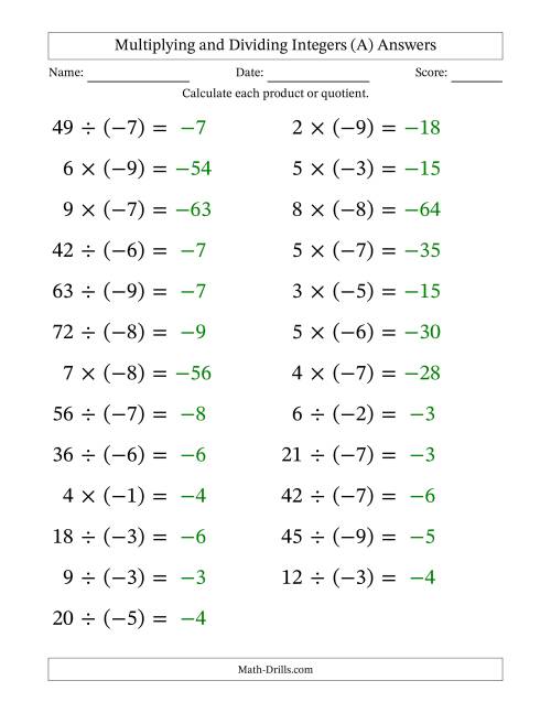 The Multiplying and Dividing Positive and Negative Integers from -9 to 9 (25 Questions; Large Print) (A) Math Worksheet Page 2