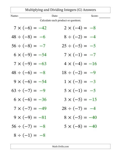 The Multiplying and Dividing Positive and Negative Integers from -9 to 9 (25 Questions; Large Print) (G) Math Worksheet Page 2