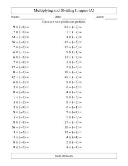 Multiplying and Dividing Positive and Negative Integers from -9 to 9 (50 Questions)