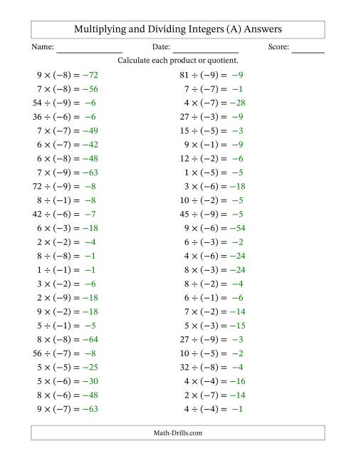 The Multiplying and Dividing Positive and Negative Integers from -9 to 9 (50 Questions) (A) Math Worksheet Page 2