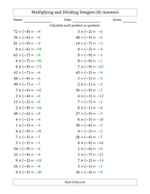 The Multiplying and Dividing Positive and Negative Integers from -9 to 9 (50 Questions) (B) Math Worksheet Page 2