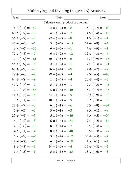 The Multiplying and Dividing Positive and Negative Integers from -9 to 9 (75 Questions) (A) Math Worksheet Page 2