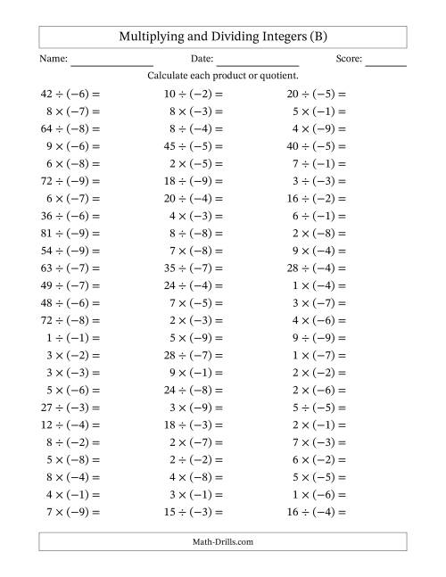 The Multiplying and Dividing Positive and Negative Integers from -9 to 9 (75 Questions) (B) Math Worksheet