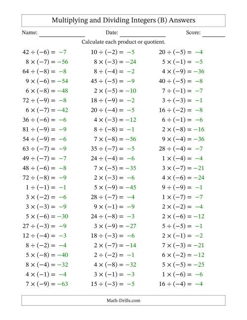 The Multiplying and Dividing Positive and Negative Integers from -9 to 9 (75 Questions) (B) Math Worksheet Page 2