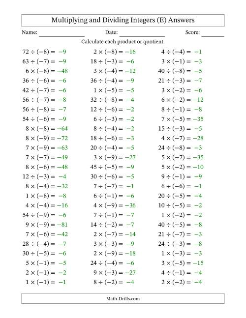 The Multiplying and Dividing Positive and Negative Integers from -9 to 9 (75 Questions) (E) Math Worksheet Page 2