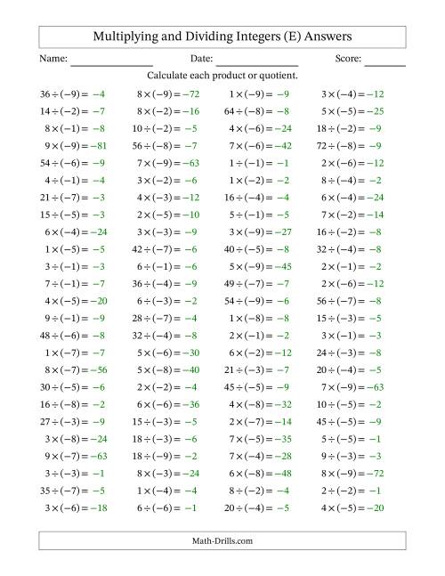 The Multiplying and Dividing Positive and Negative Integers from -9 to 9 (100 Questions) (E) Math Worksheet Page 2