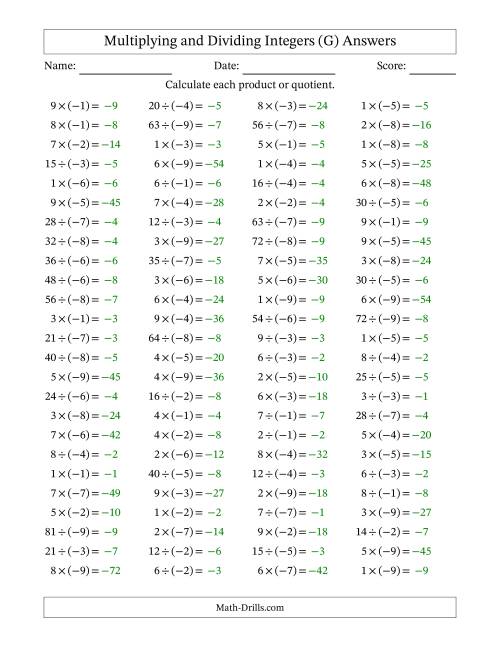 The Multiplying and Dividing Positive and Negative Integers from -9 to 9 (100 Questions) (G) Math Worksheet Page 2