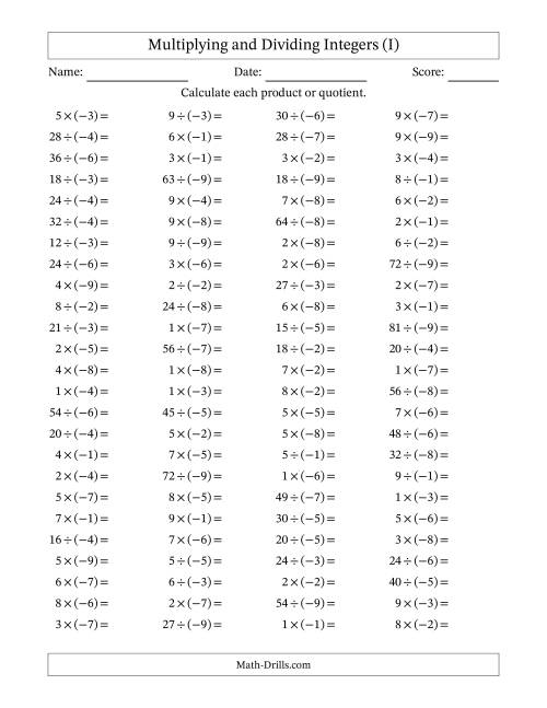 The Multiplying and Dividing Positive and Negative Integers from -9 to 9 (100 Questions) (I) Math Worksheet