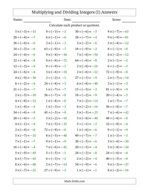 The Multiplying and Dividing Positive and Negative Integers from -9 to 9 (100 Questions) (I) Math Worksheet Page 2