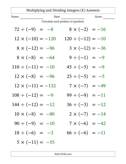 The Multiplying and Dividing Positive and Negative Integers from -12 to 12 (25 Questions; Large Print) (E) Math Worksheet Page 2