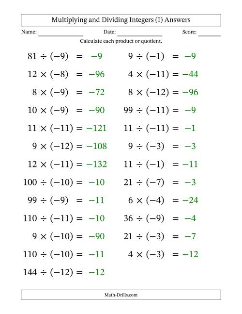 The Multiplying and Dividing Positive and Negative Integers from -12 to 12 (25 Questions; Large Print) (I) Math Worksheet Page 2