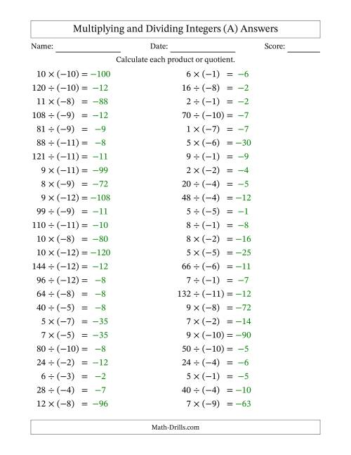 The Multiplying and Dividing Positive and Negative Integers from -12 to 12 (50 Questions) (A) Math Worksheet Page 2