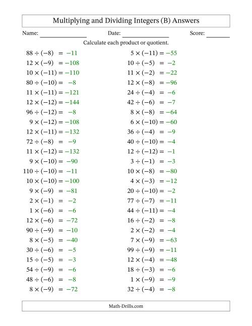 The Multiplying and Dividing Positive and Negative Integers from -12 to 12 (50 Questions) (B) Math Worksheet Page 2