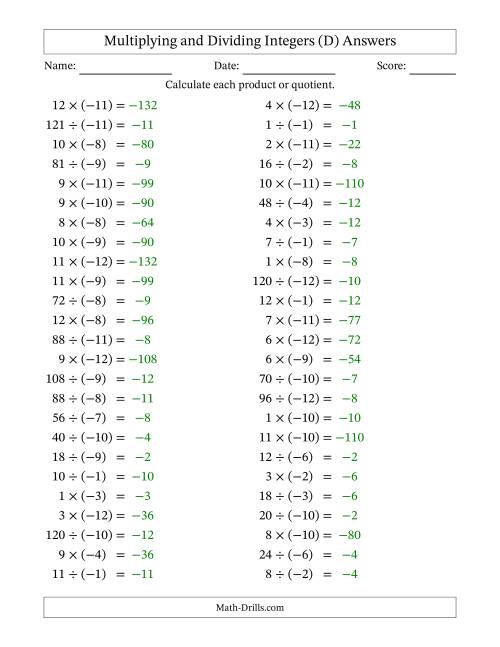 The Multiplying and Dividing Positive and Negative Integers from -12 to 12 (50 Questions) (D) Math Worksheet Page 2