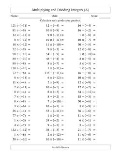 Multiplying and Dividing Positive and Negative Integers from -12 to 12 (75 Questions)