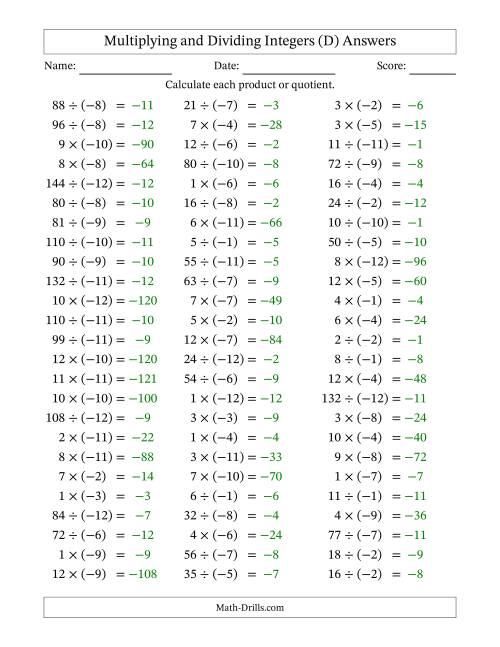 The Multiplying and Dividing Positive and Negative Integers from -12 to 12 (75 Questions) (D) Math Worksheet Page 2