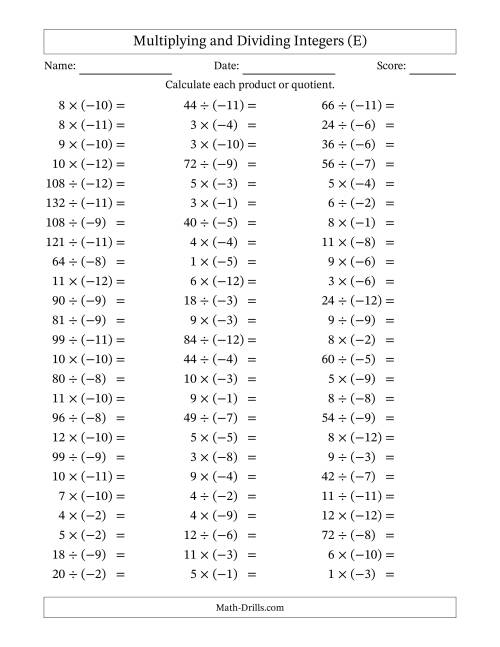 The Multiplying and Dividing Positive and Negative Integers from -12 to 12 (75 Questions) (E) Math Worksheet