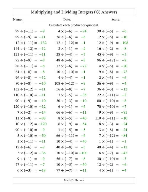 The Multiplying and Dividing Positive and Negative Integers from -12 to 12 (75 Questions) (G) Math Worksheet Page 2