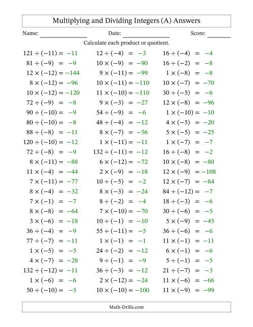The Multiplying and Dividing Positive and Negative Integers from -12 to 12 (75 Questions) (All) Math Worksheet Page 2